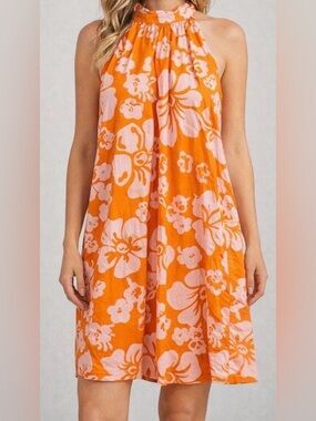 J.Crew Orange and Pink Tropical Hibiscus Floral Halter Neck Mini Dress Sz 4 NWT